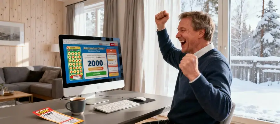 Juhliva lottovoittaja kotonaan
