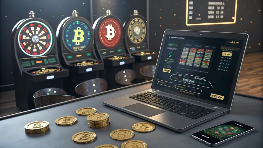 Bitcoinit pöydällä ja nettikasino auki