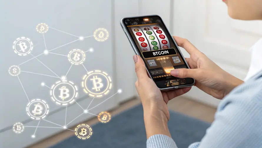 Pelaaja pelaa Bitcoineilla puhelimella